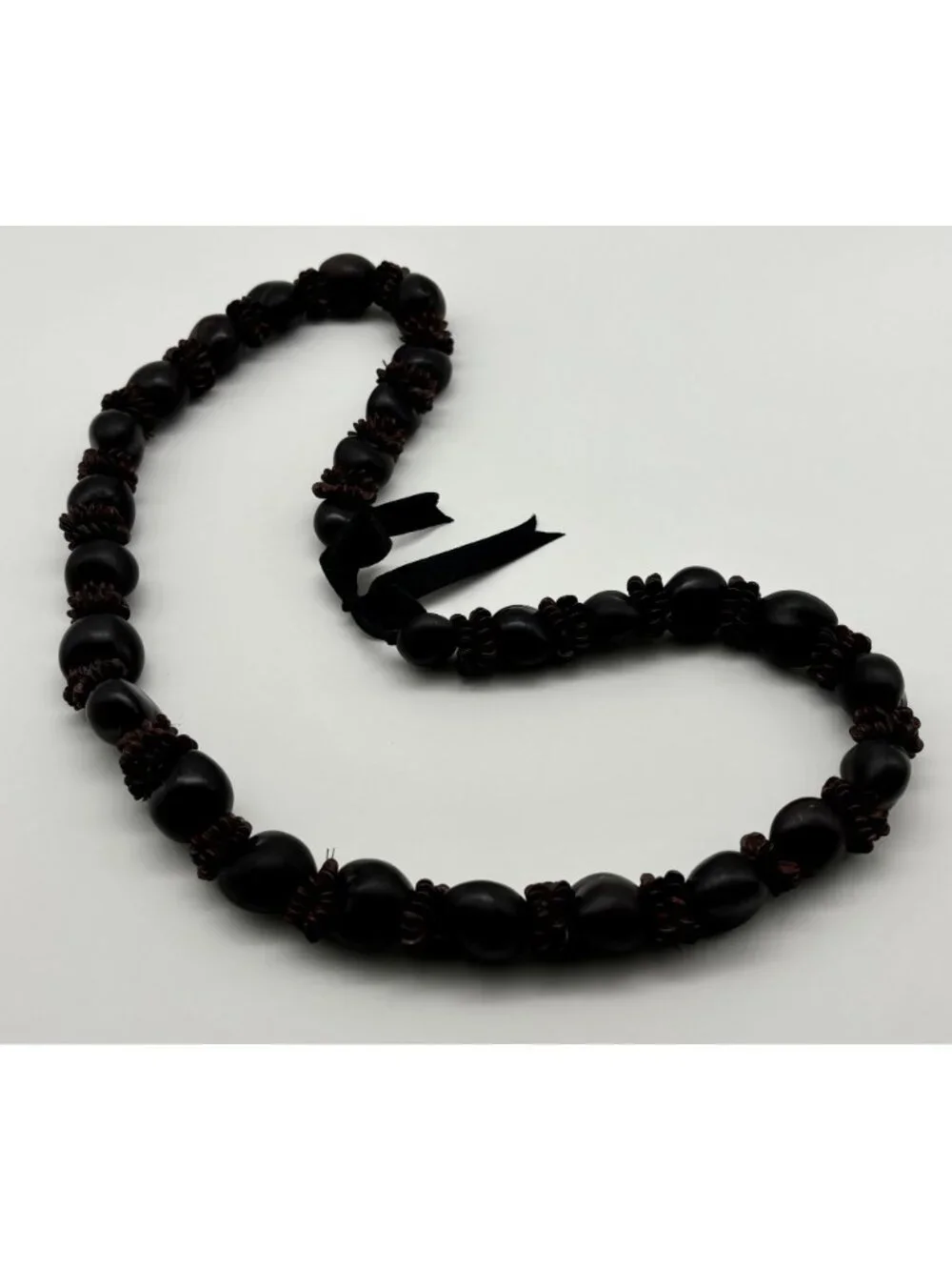 Vintage Hawaiian Lei Kukui Nut And Seeds Necklace With Ribbon Closure, Hand-Made - Picture 4 of 16